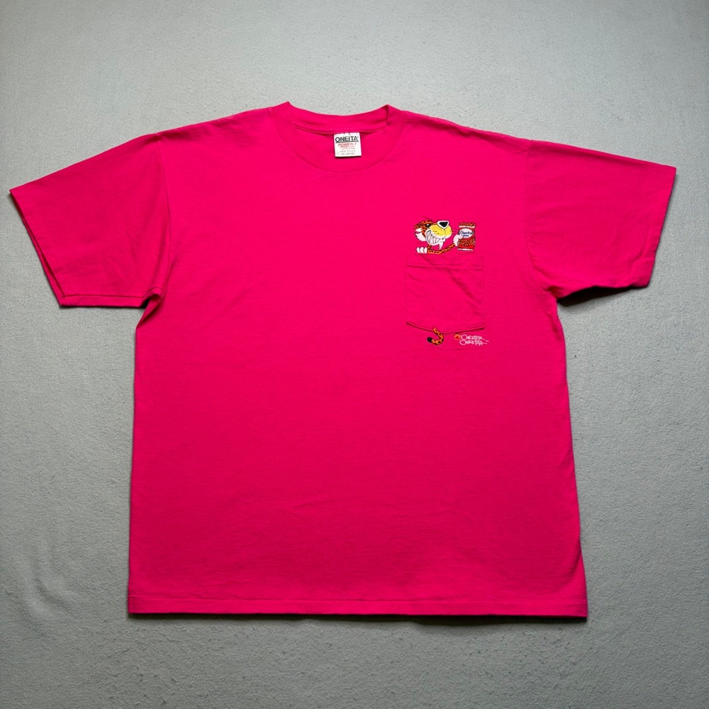 Oneita Pocket‎ T-Shirt Mens XL Pink Chester Cheetah Vintage 90s Made in USA Tee